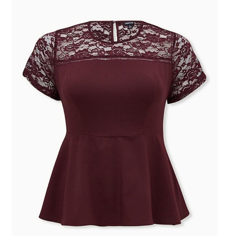 BURGUNDY PURPLE CREPE & LACE PEPLUM - TORRID SZ 4